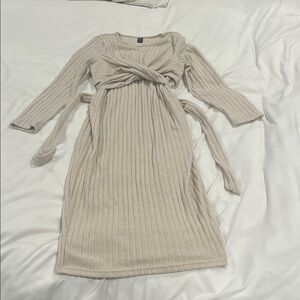 Cream Knee-Length Sheath Dress with Long Cuffed Sleeves and Wrap Style